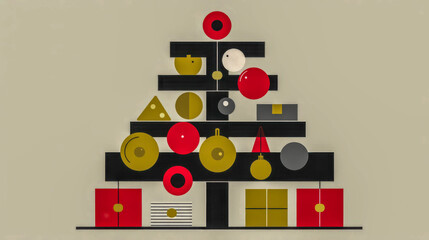 Modern Christmas tree decoration with colorful shapes and presents displayed on a wall inside a cozy living room in winter holiday season