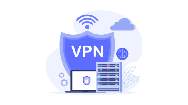 Vector illustration of VPN technology with a shield protecting a laptop and server for secure internet access.