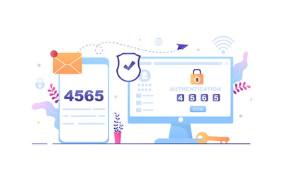 Illustration depicting two-factor authentication process with a mobile phone and computer.