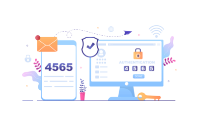 Illustration depicting two-factor authentication process with a mobile phone and computer.