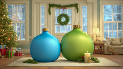 Festive holiday decorations with oversized ornaments in a cozy living room setting
