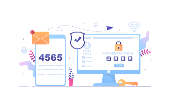 Illustration depicting two-factor authentication process with a mobile phone and computer.