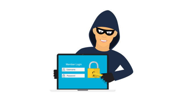A hooded figure, depicted as a cybercriminal, displays a computer screen with a login form and a padlock, highlighting online security threats.