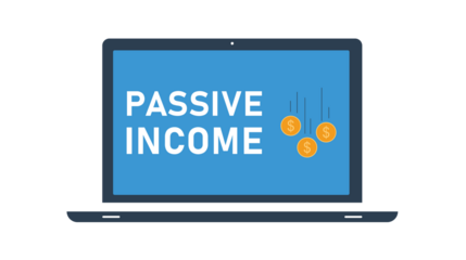 Laptop screen displaying the words "PASSIVE INCOME" with falling coins, symbolizing financial growth and online earnings.