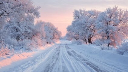 Fototapeta premium Snow-covered road winds through a frosty landscape at sunrise, pastel hues illuminating snow-laden trees