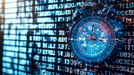 Digital Time Concept Clock Icon on Binary Code Background, Future and Deadline. 4k video - Powered by Adobe
