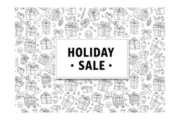 Holiday sale event featuring festive gifts online store promotional cheerful atmosphere bird's eye view seasonal shopping. Vector illustration