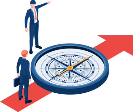 Isometric Businessmen with Compass on Arrow Pointing Right Direction Strategy Concept on Transparent Background