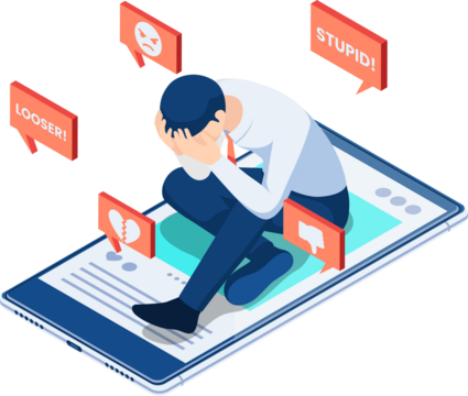 Isometric Depressed Businessman Crying on Oversized Smartphone Receiving Hate Speech Cyberbullying Concept with Transparent Background