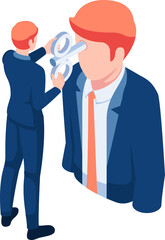 Isometric Businessman Turning Windup Key on Another Head in Transparent Background with Orange Tie and Suit