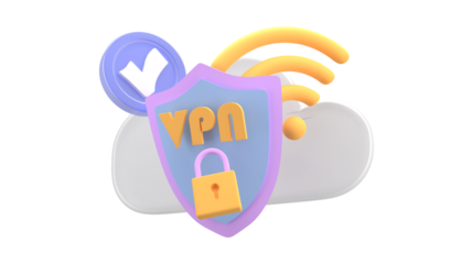 3D rendering of a VPN shield protecting a cloud with a wifi signal and a checkmark icon.