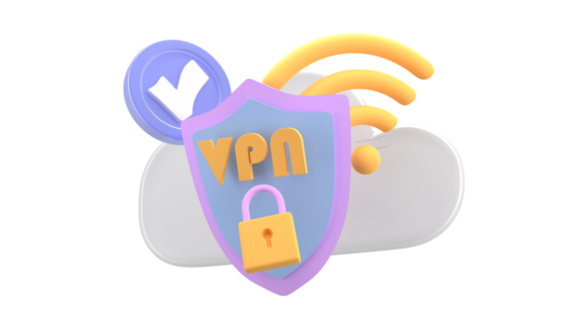 3D rendering of a VPN shield protecting a cloud with a wifi signal and a checkmark icon.