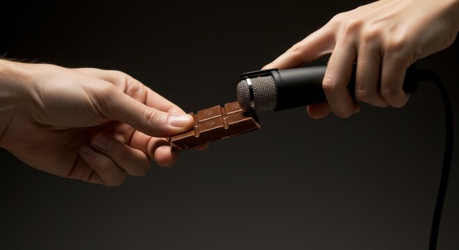 Hands exchange chocolate bar near microphone - Powered by Adobe