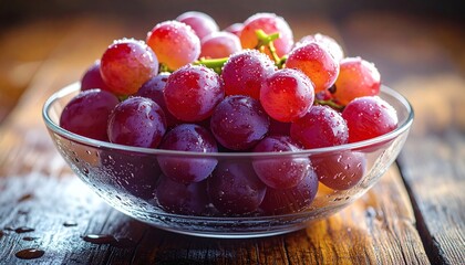 Fresh Red Grapes in Glass Bowl with Water Droplets on Rustic Wooden Surface