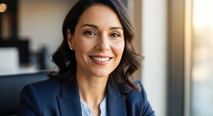 Successful businesswoman radiates confidence and warmth in her modern office, offering a compelling image of leadership and professionalism