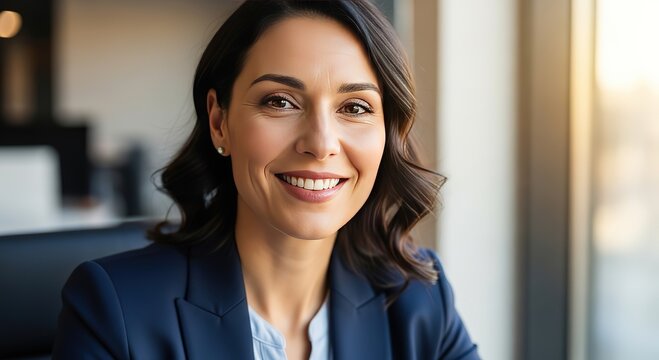 Successful businesswoman radiates confidence and warmth in her modern office, offering a compelling image of leadership and professionalism
