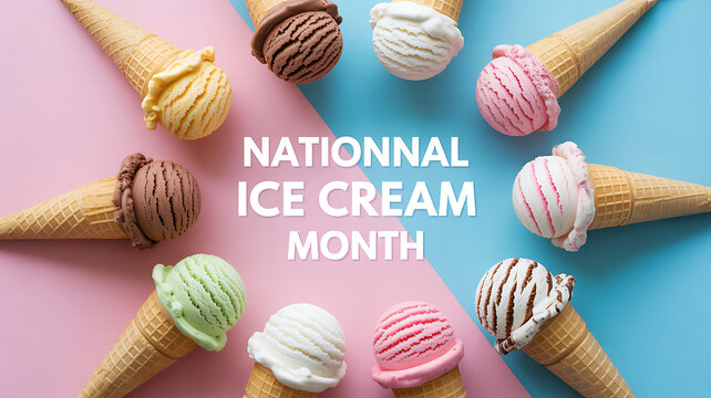National Ice Cream Month celebration with assorted ice cream cones on a colorful background