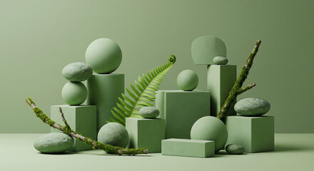 Abstract natural composition with green geometric shapes spheres