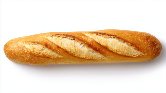 白い背景に真上から見た、均整の取れた焼き色を持つシンプルな伝統的フランスパン