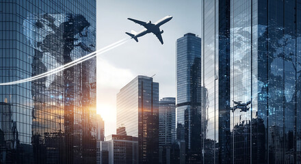 Airplane flying over modern skyscrapers reflecting world map and city