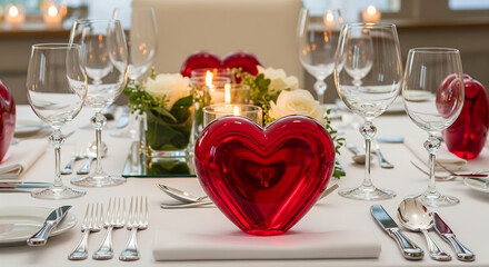 Romantic dinner table setting with red heart centerpiece candles white