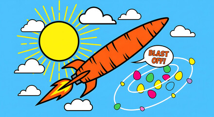 Whimsical cartoon carrot rocket blasting off into a blue sky with sun
