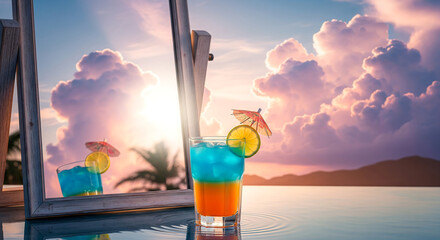 Vibrant layered cocktail with umbrella and lemon slice reflected in