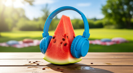 Slice of watermelon with blue headphones on wooden table outdoor