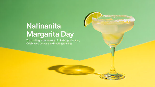 A margarita cocktail with a lime wedge and salted rim on a vibrant yellow and green background, celebrating National Margarita Day.