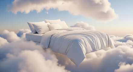 Dreamy white bed floating on soft clouds at sunrise surreal fantasy