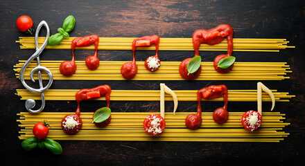 Italian Pasta and Tomato Sauce Arranged as Musical Notes with Treble