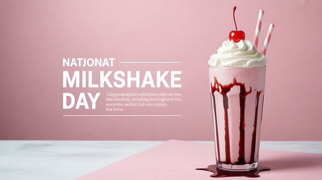 National Milkshake Day celebration with a chocolate-dripped milkshake topped with whipped cream and a cherry