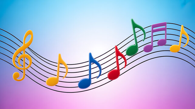 Colorful musical notes on a staff against a gradient sky background