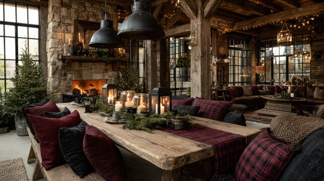 Cozy rustic dining room with wooden table adorned with candles and greenery, surrounded by plaid cushions. stone fireplace and large windows create warm, inviting atmosphere, enhanced by soft