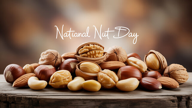 Assorted nuts displayed on a wooden surface with 'National Nut Day' text overlay