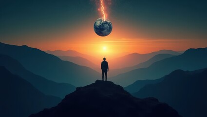 Fototapeta premium Silent Witness to Fiery Cosmic Dawn Over Mystical Mountain Shadows