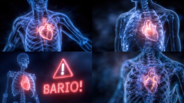 Four anatomical views of a human torso, highlighting the heart and skeletal structure. A red warning sign with the word "BARIO" is displayed in one image - Powered by Adobe