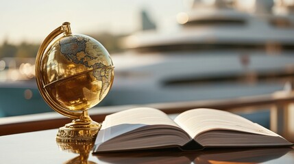 A luxurious concierge travel experience depicted with a gold-plated globe on blurred background
