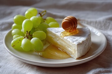 Creamy Brie Cheese Wedge, Fresh Green Grapes, and Golden Honey Drizzle on White Plate.