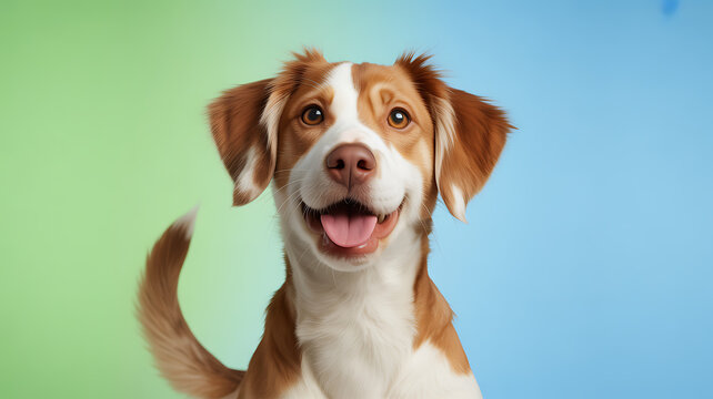 A happy brown and white dog with a wagging tail against a gradient green and blue background