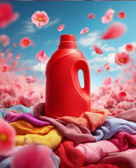 Red Detergent Bottle on Laundry with Blossoms