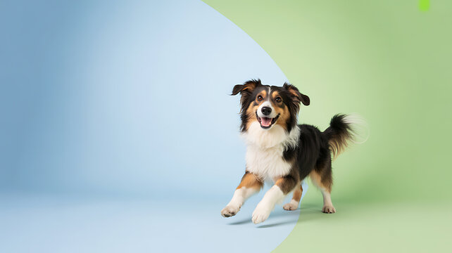A happy tricolor dog running on a colorful background