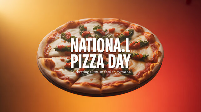 National Pizza Day celebration with a freshly baked pizza featuring cheese, tomato, and herbs on a warm gradient background