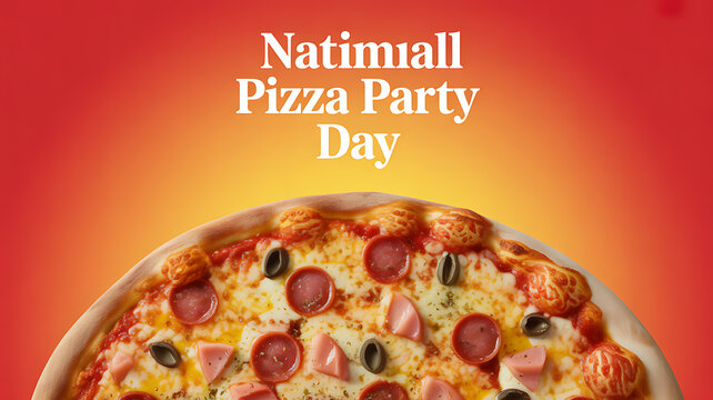 A close-up of a pepperoni and olive pizza with melted cheese, presented against a warm gradient background celebrating National Pizza Party Day.