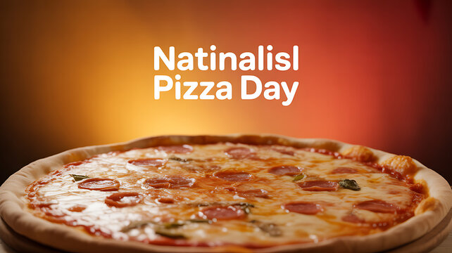 A close-up of a pepperoni pizza with melted cheese and herbs, displayed against a warm gradient background with text reading 'Nationalist Pizza Day'.