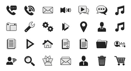 Collection of various black and white icons representing communication, settings, and multimedia elements.