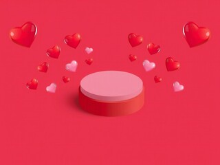 Empty pink podium surrounded by red and pink hearts on a red background