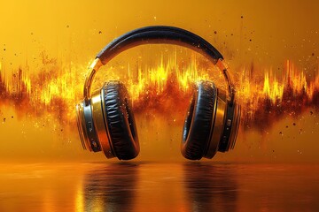 Dynamic audio concept with glowing headphones emitting a powerful fiery sound vibration on a warm background