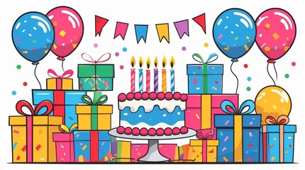 Naklejka premium Festive Birthday Celebration with Cake, Balloons, and Gift Boxes.