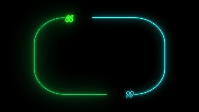 Neon quote frame glowing green and blue on black background abstract digital design element for text overlay and citation graphics